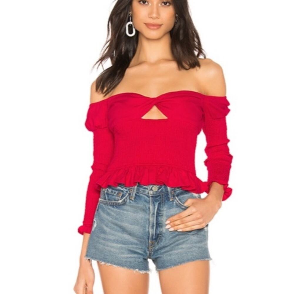 Majorelle Brooke smocked red blouse keyhole off shoulder date night valentines